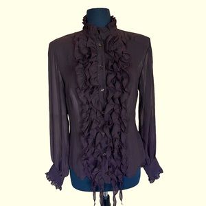 VINTAGE Ruffle Front Semi Sheer Button Down Shirt Excellent Pre-Owned Condition